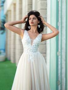 YOUKEFEIER Elegant V-Neck Lace Beaded Long Champagne Wedding Dress - Apricot - View 9