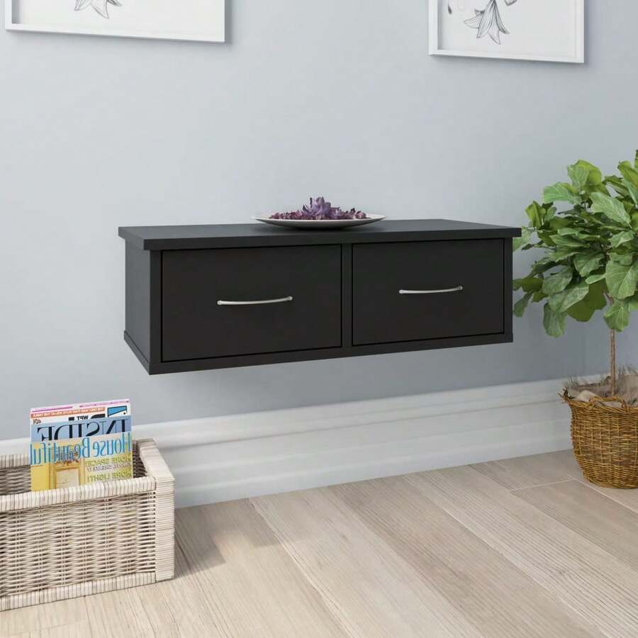 Étagère murale vidaXL avec tiroirs, noire, 60 x 26 x 18,5 cm, matériau à base de bois - Multicolore - Voir 1