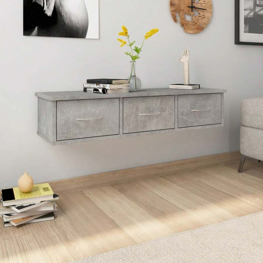Estantería de pared vidaXL con cajones, de composite de madera gris hormigón. - Multicolor - Ver 1