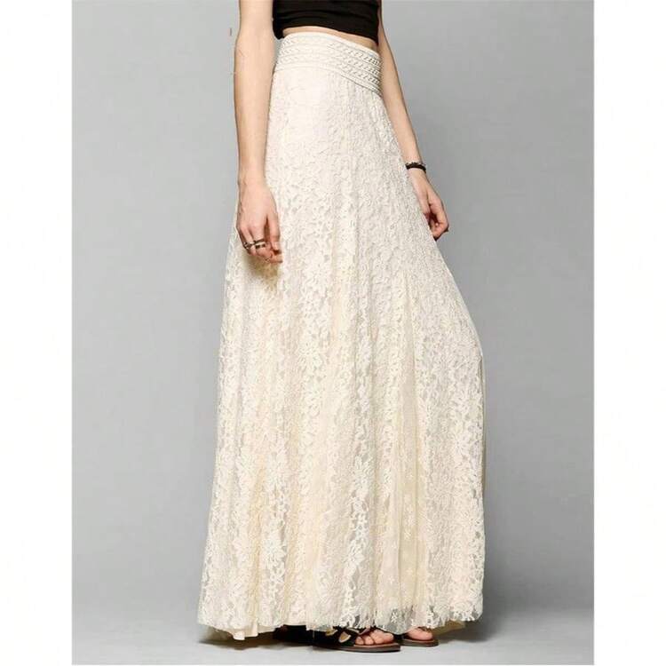 Elegantes faldas largas para mujer, color liso, negro, rojo, blanco, beige, boda, falda de encaje, negro, 3XL - inicial - Añade 2