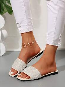 Women's Strap Rhinestone Sandals, Casual Versatile Outdoor Plastic Flat Slippers - White - View 2