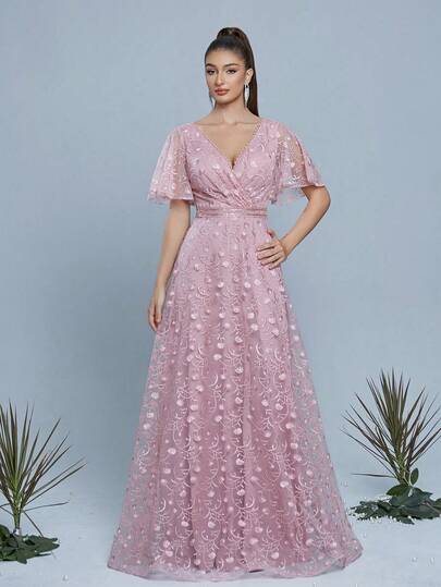 Vestido largo de gala estilo A con cuello en V y mangas con volantes, de encaje floral rosa, elegante vestido de verano para mujeres para fiesta, boda y eventos