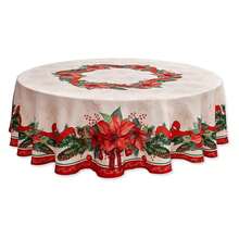 Poinsettia Tablecloth 70 Inch Round - Christmas Fabric Table Cover For Holiday Dining, Xmas Party Decorations, Winter Table Setting, Red Floral Design - Multiwarna 53 - View 1