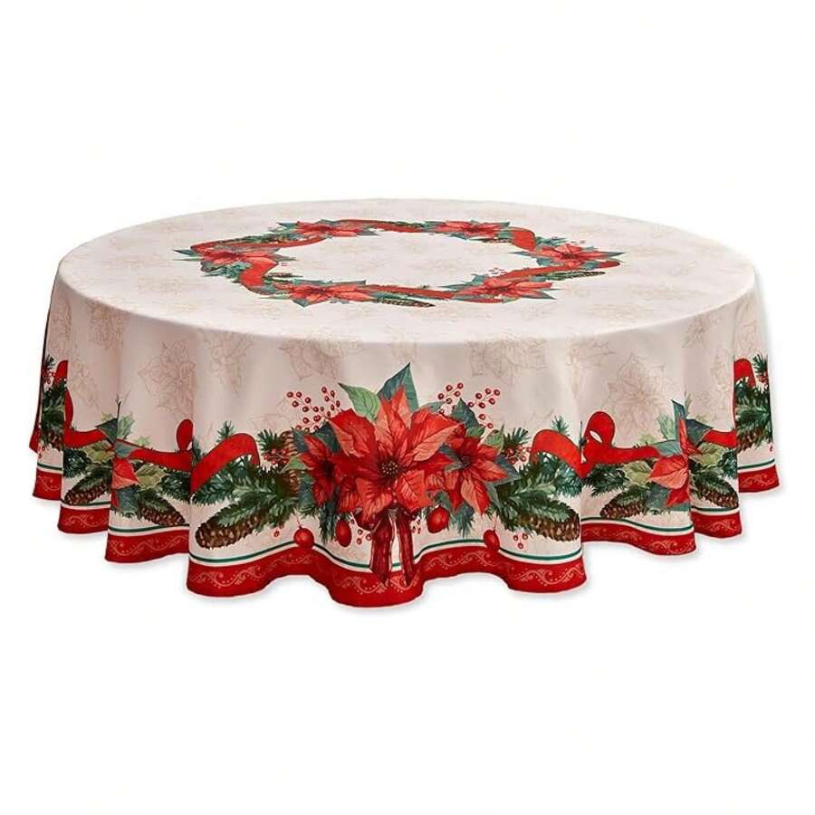 Poinsettia Tablecloth 70 Inch Round - Christmas Fabric Table Cover For Holiday Dining, Xmas Party Decorations, Winter Table Setting, Red Floral Design - Multiwarna 53 - View 1