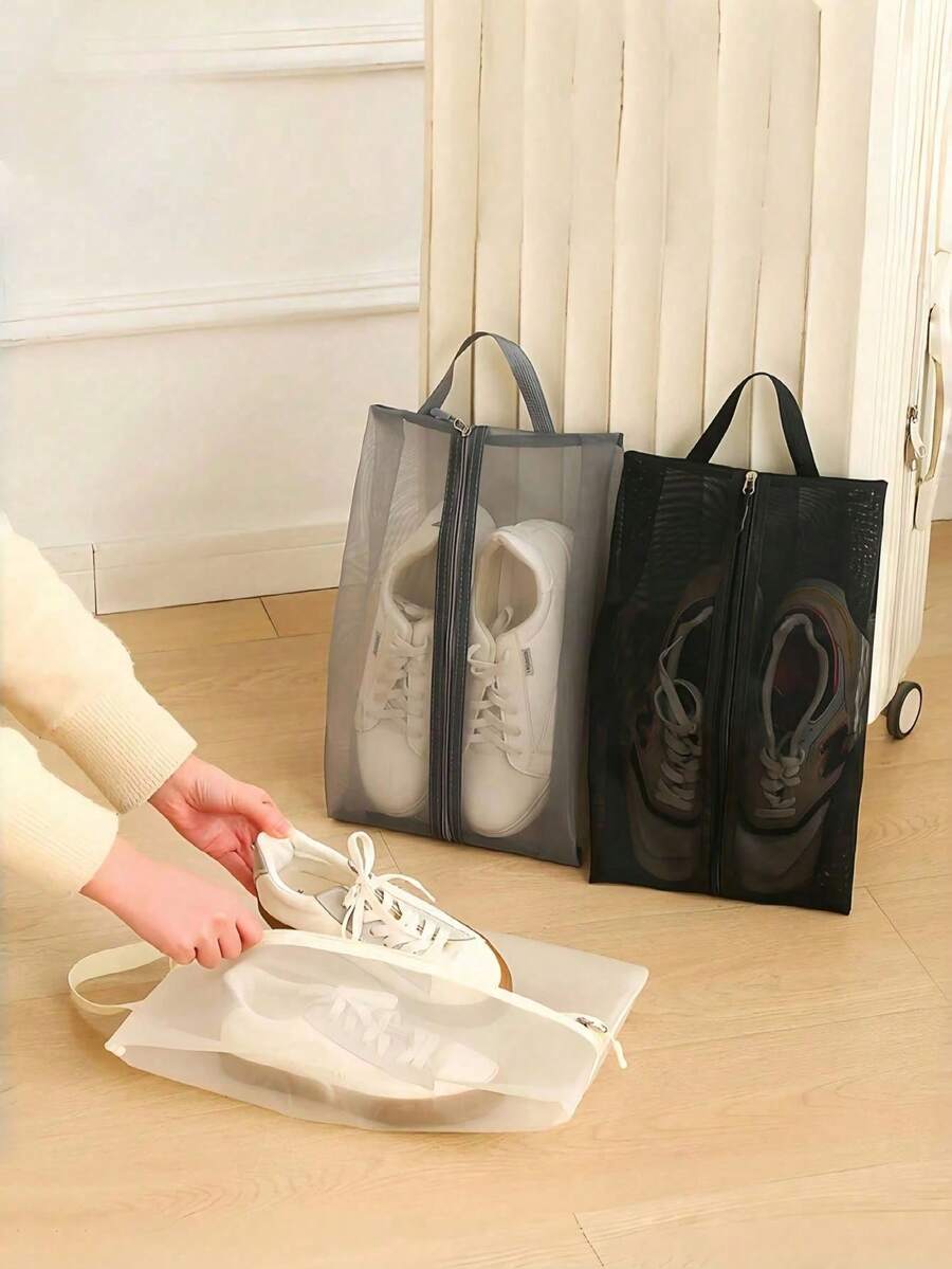 Foldable Breathable Mesh Shoe Storage Bag - Transparent Visual Design, Durable Polyester, Large Capacity, Multifunctional Tote For Gym, Travel, Beach, And Toiletries - Black - View 1
