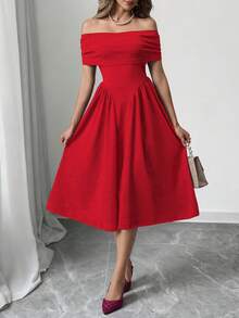 Women's Elegant Party/Date/Wedding Formal Banquet Ruffle Off-Shoulder Maxi Dress, Solid Color, Summer - Red - View 5