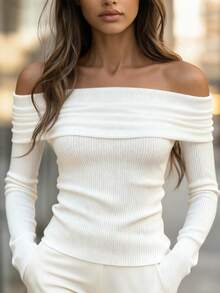 Ivory White Off-Shoulder Long Sleeve Knit Sweater Top | Fitted Inner Layer With Warmth And Elasticity | Minimalist Zipper Design Multi-Functional Layering Piece | Suitable For Office, Commute, Urban Casual, Autumn/Winter Wardrobe Summer - White - View 1