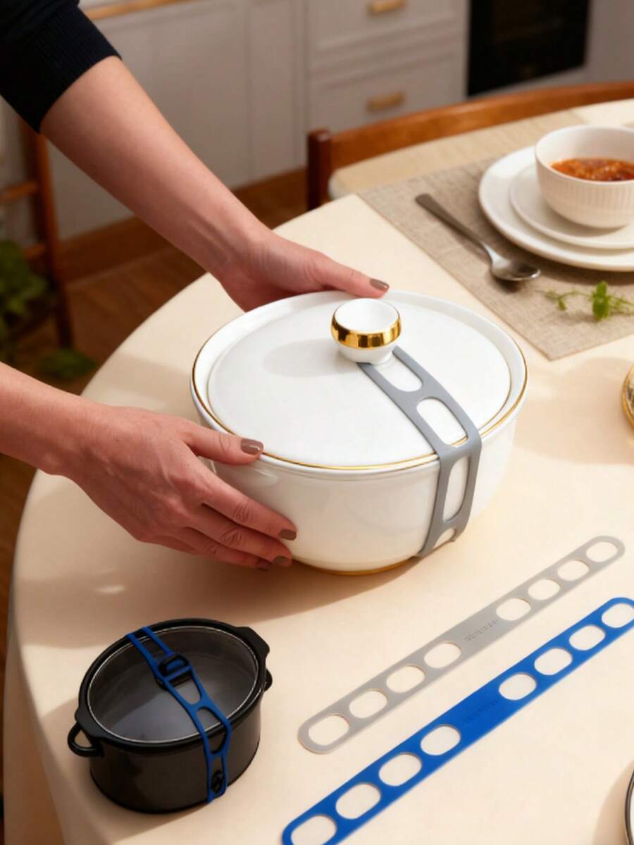 Silicone Universal Reusable Box Strap, Lid Latch, Reusable Universal Lid Strap For Slow Cooker, Strong Grip, Easy To Use, Adjustable, Versatile Lid Fastening Solution, Great For Home, Office And Outdoor Use, Easily Transport Your Favorite Dishes With Just One Simple Strap - Multicolor - View 1