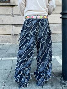 1 pieza Jeans de corte recto y ajuste holgado para hombres, estilo casual y urbano de hip hop, versátil para todas las estaciones (cinturón y accesorios no incluidos) - Azul - Ver 5