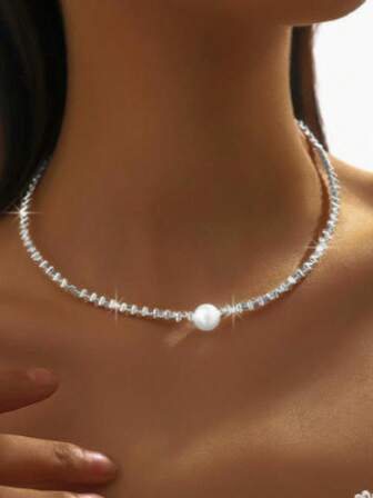 1pc Elegant & Chic Minimalist Design Silver Necklace, Fashionable Korean/Japanese Style