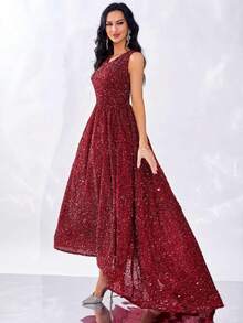 Women's Sleeveless Sequin Wedding Maxi Dress, Heavily Sequined Train, Party Evening Gown, Christmas Dress - Burgundy - View 3