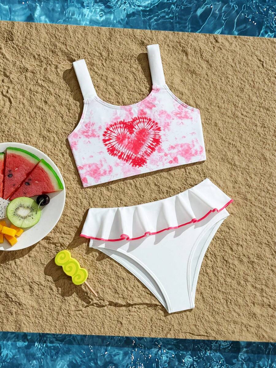 Young Girl Tie-Dye Print Patchwork Ruffle Hem Swimsuit Set - Red and White - View 1