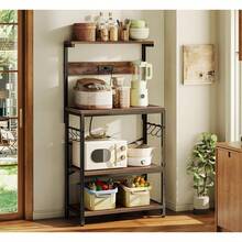 Estante de cocina con toma de corriente de 4 niveles, soporte de microondas de cocina con 6 ganchos en forma de S, estante de almacenamiento para especias, ollas y sartenes, marrón rústico - 1 - Ver 8