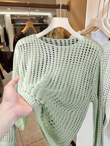 GIGOGOU 轻盈镂空针织开衫，透气长袖防晒休闲上衣，简约百搭 - 薄荷藍 - 查看 2