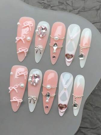 Set de 10 uñas acrílicas de prensa hechas a mano, largas, de tacón alto, uñas largas, uñas rosas, decoración de diamantes rosas 3D brillantes, decoración de lazos rosas, uñas lindas, uñas postizas desmontables, suministros para uñas, arte de uñas, adecuado para fiestas, bailes, uso diario, fiestas de estudiantes, de prensa y reutilizables, con pegamento de gelatina y lima de uñas, suministros de uñas DIY