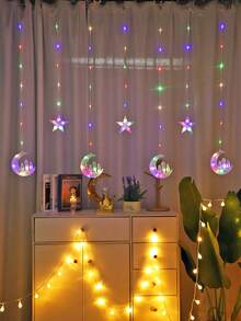 1.7m/82LED Star & Moon String Lights, Battery Powered With Flashing Lighting Function, Suitable For Indoor Window, Bedroom Wall, Home Decor - Moon Castle - View 9