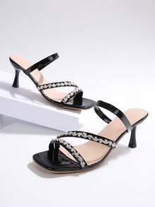 夏季方头链条水钻细高跟鞋,合成PU皮革,优雅简约,百搭舒适,适合派对礼服和休闲穿着,猫跟 - 黑色 - 查看 4