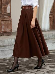 Versatile Casual Commute Solid Color High Waist A-Line Skirt - Reddish Brown - View 4