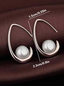 1 Pair Copper Silver Plated Faux Pearl Earrings, Elegant Versatile Design, Jewelry Gift - Silver - View 3