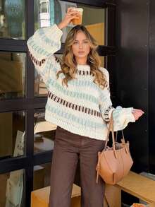 Women's Color-Block Striped Top, Round-Neck Long-Sleeve Sweater, Casual And Fashionable Streetwear, Popular In Autumn And Winter, Fall Office, Women's Outwear Tops, Women's Pullover Shirts,Christmas For Women