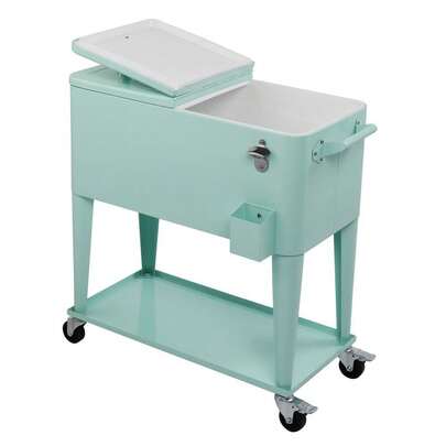 80QT Rolling Outdoor Patio Cooler Cart On Wheels Portable Ice Chest With Shelf