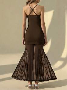 女士优雅时尚性感网眼 3D 花卉可拆卸荷叶边鱼尾细肩带开斋节长裙