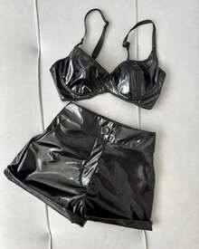 Adjustable Cropped Vinyl Set Without Padding Plus Shorts Side Pockets Foreign Blogger June Party Summer Winter Original  Quality - 黑色 - 查看 8