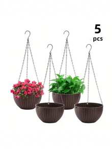 5件套现代风格竖条纹圆形悬挂式花盆套装 - 绿色、黑色、橙色、红棕色和灰色塑料花盆，适合种植多肉植物、香草和鲜花 - 室内外均可使用，表面光滑带挂钩，现代庭院装饰 - 彩色 - 查看 10