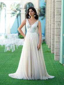 YOUKEFEIER Elegant V-Neck Lace Beaded Long Champagne Wedding Dress - Apricot - View 2