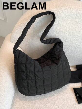 Large Capacity Plaid Trimmed Shoulder Bag That Can Be Folded, Fashionable Tote Bag For Women, Puffy Solid Color Winter Warm Bag Handbags, School Supplies,Back To School,School Tote Bag,Portable,Classic Casual, Suitable For Teen Girls Women College Students, Perfect For Back To School,College,Outdoors, Travel, Outings