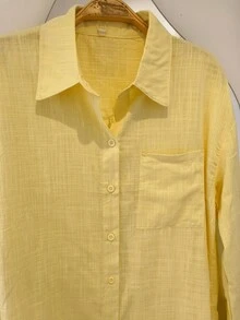 Women's Dress Shirt With Buttons, Long Sleeves - Màu vàng - Xem 3