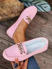 Women's Spring New Chain Loafers, Soft Leather Penny Loafers Slip-On Flat Shoes - Pink - View 3