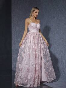 缎面吊带刺绣蕾丝晚礼服 - 粉色 - 查看 6