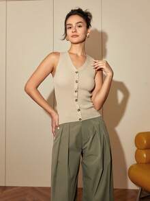 Women's Elegant Solid Color Waist Cinched Straight Leg Dress Pants - Army Green - View 5