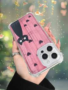 1 pieza Funda transparente con diseño de gato negro sobre fondo rosa de madera con corazones estilo dulce y romántico ideal para regalo en San Valentín protección contra caídas carcasa transparente ligera y resistente, compatible con iPhone 17/16/15/14/13/12/11/XS/XR/X/PLUS/PRO/PROMAX, compatible con Galaxy A34/A35/A54/A55, Galaxy S20/S21/S22/S23/S24 Ultra/Plus, compatible con Moto/Galaxy/Redmi/Honor/OPPO, regalo ideal para fiestas - transparente - Ver 7