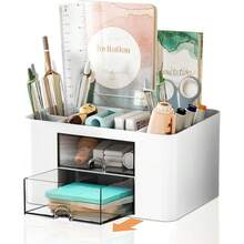 Desk Pen Holder, 2-Drawer Office Desk Organizer Box, 5-Compartment Desktop Storage Pouch For Stationery, Suitable For Office, School, And Home, Cute Pencil Cup (White) - 白色 - 查看 4