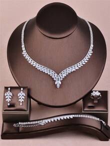 CORUIXI 1pc Women's V-Shape Zirconia Necklace Set, Luxury Fashion Silver Jewelry 4pcs Accessory Suitable For Wedding Party Prom Gift - Silver - View 14