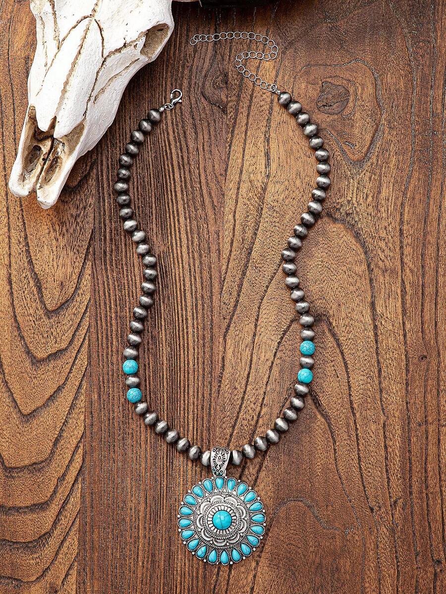 Western Necklace Jewelry Blue Turquoise Stone Necklaces For Women Faux Pearl Beaded Necklace Jewellery , Women Gift Cowgirl Style Holiday Jewelry Presents - Western-style Beaded Turquoise Pendant Necklace - View 1