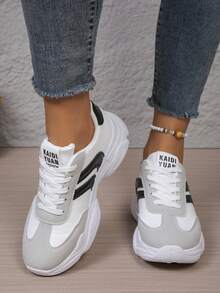 女士休闲运动鞋，新款春秋季真皮鞋面厚底低帮系带圆头户外休闲运动休闲白色鞋 - 黑色 - 查看 2