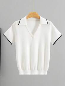 时尚春夏女式 Polo 领针织 T 恤，休闲短袖上衣，简约风格 - 白色 - 查看 6