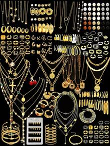 86pcs/58pcs/68pcs/39pcs/35pcs/12pcs Vintage Elegant Fashion Retro Coin Style Metal Multi-Element Faux Pearl Heart Flower Butterfly Pendant Jewelry Set Necklace Ring Earrings Suitable For Women Date Holiday Wedding Party Birthday Gift Daily Wear Autumn/Winter Christmas Valentine's Day Anniversary, High Cost-Effective Jewelry - Multicolor - View 1