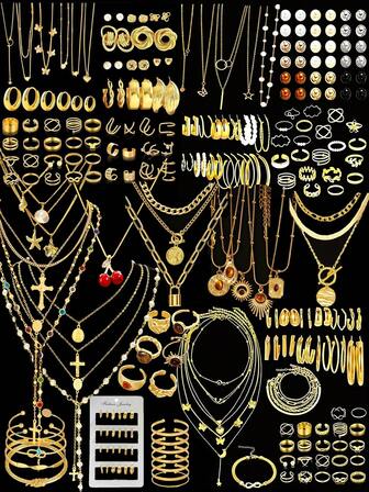 86pcs/58pcs/68pcs/39pcs/35pcs/12pcs Vintage Elegant Fashion Retro Coin Style Metal Multi-Element Faux Pearl Heart Flower Butterfly Pendant Jewelry Set Necklace Ring Earrings Suitable For Women Date Holiday Wedding Party Birthday Gift Daily Wear Autumn/Winter Christmas Valentine's Day Anniversary, High Cost-Effective Jewelry