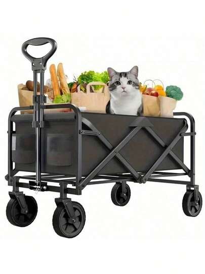 1pc Heavy Duty 385lbs Capacity Foldable Garden Cart, Multi-Function Collapsible Utility Wagon With All-Terrain Wheels, For Camping, Grocery, Travel, Gardening, Shopping, Beach, Lawn, Sports, Picnic, Food Transport, Black