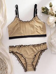 Conjunto de lencería inalámbrica de tono de piel para mujer, conjunto de sujetador y pantie cómodo con ribete de volantes sólido acanalado y sexy - Albaricoque - Ver 9