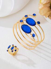 1 Set Minimalist Fashion Multi-Layer Line Rhinestone Bracelet & Ring Jewelry Set, Gift For Women On Valentine's Day - Blue - View 3