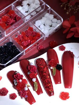 6 Rejillas de Flores de Rosa Negras y Rojas, Encantos de Arte de Uñas de Flores de Camelia, Accesorios de Manicura, Decoración de Uñas Francesas, Joyería para Uñas del Día de San Valentín