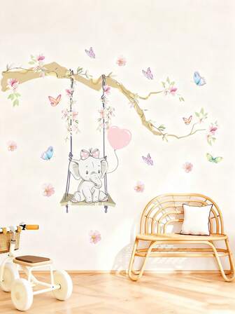 1 Piece Set Of Cute Elephant And Butterfly Wall Stickers - Removable PVC Animal Stickers, Suitable For Bedroom, Living Room, And Hallway Decoration, Baby Room Decoration, Very Cartoonish And Cute, Making People Want To Use Them