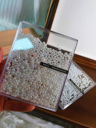 1盒各种尺寸人造球形白色珍珠美甲装饰品，必备DIY用品