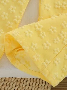 مجموعة بناتية مكونة من 2 قطعة، ملابس علوية بأكمام منتفخة مزخرفة بالزهور + بنطلون ذو ساق واسعة من نسيج جاكار، مناسبة للخروج والحفلات الصيفية - أصفر - مشاهدة 8