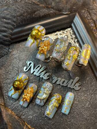 10片装方形美甲贴，浅蓝色猫眼美甲贴，斋月贴纸设计，3D立体日月星光美甲装饰配件，手绘雕刻心形太阳金属几何图案，适合女性日常佩戴、派对及斋月期间使用（包含：一片果冻胶和一条摩擦条）